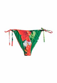 Bikiniunderdel med tropisk blommönster som har röda och vita blommor på en grön bakgrund. Justerbara sidband och slät textur.