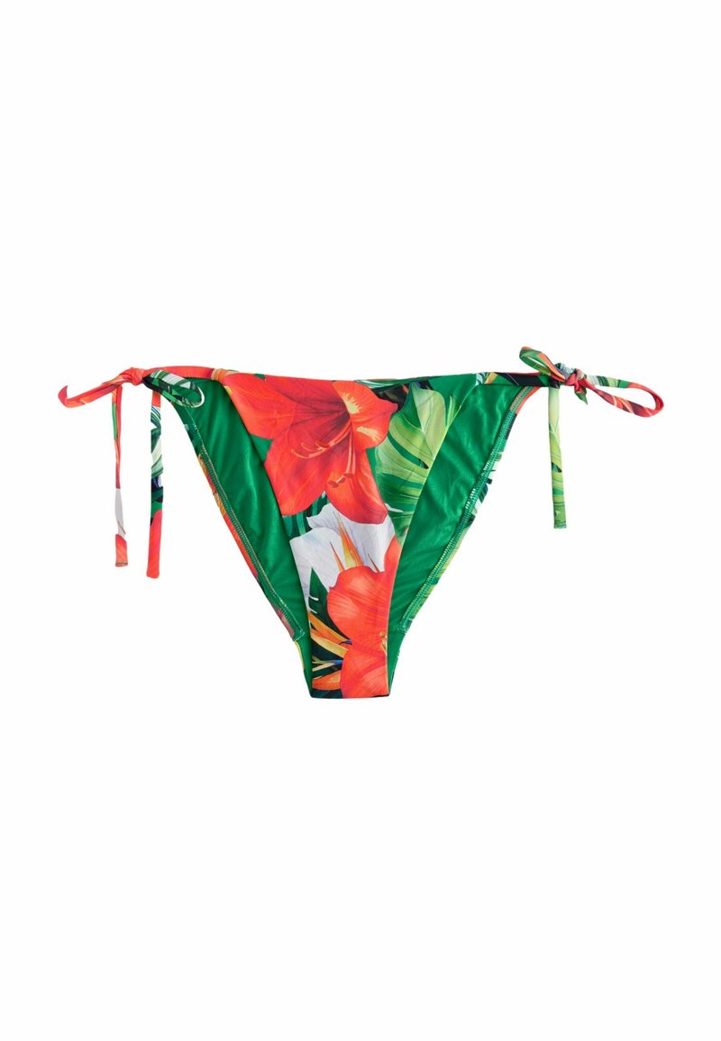 Bikiniunderdel med tropisk blommönster som har röda och vita blommor på en grön bakgrund. Justerbara sidband och slät textur.