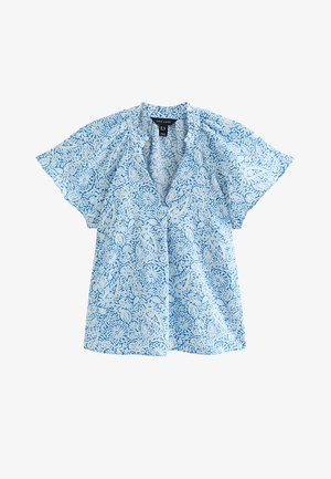 Blouse bleue à manches courtes avec un motif floral et feuillage blanc complexe, col en V et col légèrement froncé, étiquetée New Look taille 12.