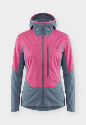 Softshellová bunda s kapucňou v ružovej a šedej farbe s celým predným zipsom, vreckom na zips na hrudi a logom na ľavej hrudi a pravom rukáve.
