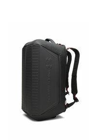 Black Under Armour backpack with hard protective front shell, padded shoulder straps, and carrying handle on top.