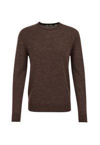 Pulover lung cu mâneci lungi pentru bărbați, cu guler tip crew, dintr-un amestec solid de lână de culoare brună închisă, cu manșete și tiv cu nervuri.