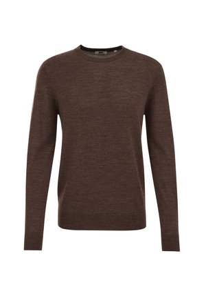 Suéter de manga larga para hombre con cuello redondo en mezcla de lana de color marrón oscuro sólido, con puños y dobladillo acanalados.