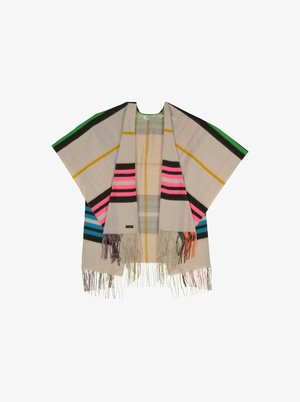 Farbenfroher gewebter Schal in Beige mit kräftigen Streifen in Pink, Schwarz, Grün und Blau. Besitzt eine Fransenverzierung entlang der unteren Kante.