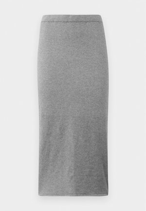 Harmaa, polvipituinen hame, joka on valmistettu pehmeästä ja joustavasta kankaasta. Siinä on yksinkertainen, vartalonmyötäinen muotoilu, jossa on joustava vyötärö ja sileä pinta.