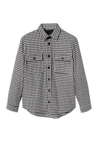 Chemise à manches longues à boutons en pied-de-poule noir et blanc, avec col et deux poches poitrine à boutons.