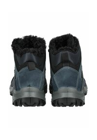 Scarpe da hiking di colore blu scuro con fodera in pelliccia nera testurizzata, tallone rinforzato e suola in gomma nera robusta. Presentano cuciture grigie e una linguetta.