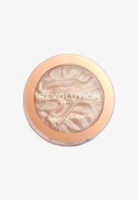 Compact illuminateur Revolution avec une poudre dorée tourbillonnante, un couvercle transparent et des finitions en or rose. Contient 10 grammes de produit lumineux.