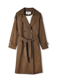 Bruine trenchcoat met een ceintuur, dubbele rij knopen aan de voorkant en een zachte voering. Heeft een kraag en verstelbare manchetten.