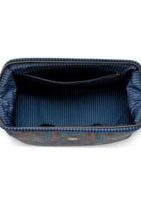 Blue patterned bag with a zip closure, featuring a striped interior, one zipped pocket, and two elastic compartments for organization.