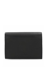 Billetera de cuero negro con acabado texturizado, forma rectangular y costuras reforzadas. Presenta un sutil logotipo en la parte inferior.