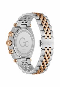 Zegarek ze stali nierdzewnej z bransoletą linkową w kolorze różowego złota, ośmiokątną kopertą, funkcją chronografu oraz szafirowym szkłem.