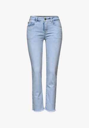 Lichtblauwe slim fit jeans met voor- en achterzakken, knoopsluiting, ritssluiting en rafelige zomen.