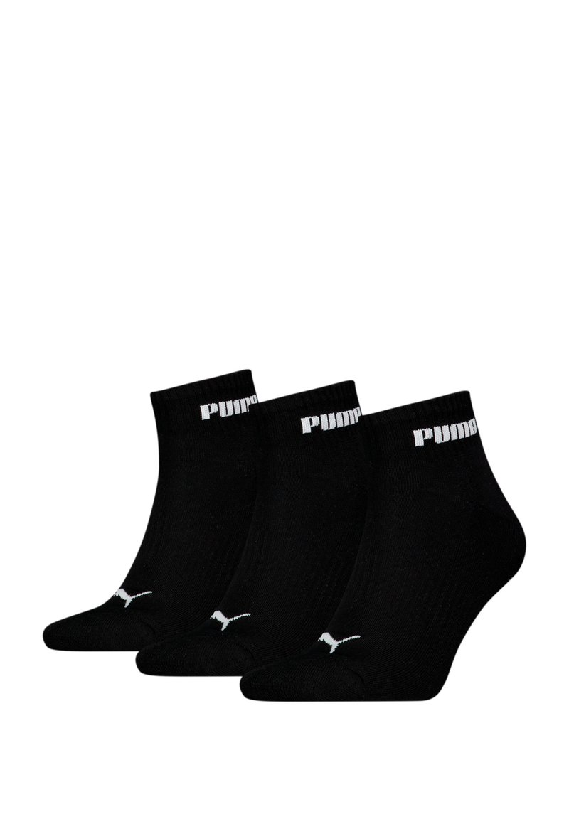Black ankle socks made of cotton blend fabric, featuring white "PUMA" text on the cuff, and a small white logo on the sole. Three pairs included.