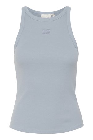 Débardeur sans manches en coton ribbé bleu clair avec un col rond et un petit logo brodé au centre. Texture lisse, silhouette ajustée.