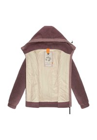 Veste en polaire mauve avec un intérieur beige. Elle dispose d'une capuche, de poches latérales et d'une fermeture éclair à l'avant, avec une étiquette orange attachée.