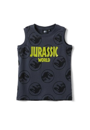 Mouwloos donkergrijs kinderhemd met herhaalde zwarte cirkels van dinosauruskoppen en grote geelgroene tekst "Jurassic World" aan de voorkant.