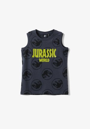 T-shirt sans manches pour enfants, gris foncé, avec des cercles répétés de têtes de dinosaures noires et un grand texte "Jurassic World" en jaune-vert sur le devant.