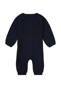 Combinaison tricotée marine à manches longues, col rond et poignets côtelés. Elle présente un tissu texturé et un design ouvert au niveau des pieds.