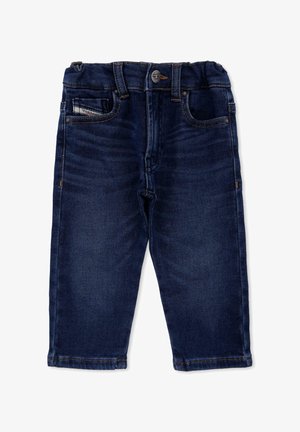 Jeans in denim blu scuro con un design classico a cinque tasche, chiusura con bottone e una texture liscia. Cuciture a vista in tutto il capo.