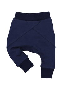 Mørkeblå bomuldsbuks til småbørn med ribbede manchetter, med krydsfrontdesign og elastisk talje for komfort.