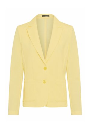Gelber Blazer aus strukturiertem Stoff mit Reverskragen, zwei Fronttaschen, drei gelben Knöpfen und langen Ärmeln.