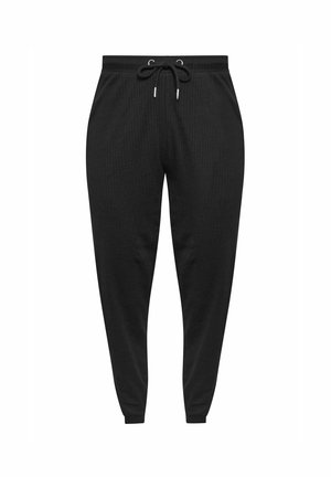 Pantaloni jogger neri con texture a coste, vita elastica e chiusura con cordoncino. Vestibilità affusolata con polsini a coste alla caviglia.