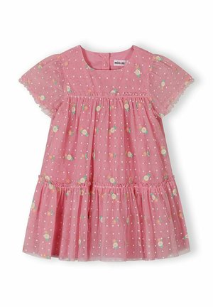 Różowa sukienka dla malucha z krótkim rękawem, białymi groszkami i małymi wzorami kwiatowymi, falbanowanym dołem i okrągłym dekoltem z guzikami z tyłu.