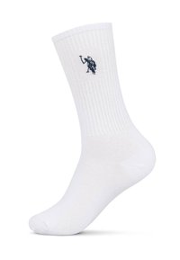 White crew sock with ribbed texture and a small dark blue embroidered logo of a person riding a horse near the top.