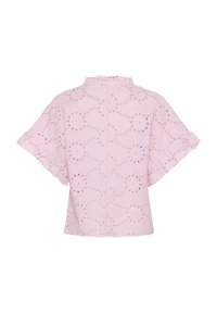 Blusa rosa ricamata realizzata in materiale semi-trasparente, con maniche a sbuffo e un motivo floreale a intaglio, dotata di chiusura sul retro.