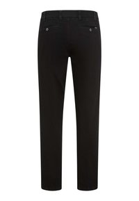 Schwarze Baumwollhosen mit geradem Bein, ausgestattet mit zwei Gesäßtaschen mit Knopfverschlüssen und einem Markenetikett in der Nähe des Bundes.