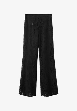 Pantalones negros de pierna ancha con intricados patrones de encaje y un diseño semitransparente, con cintura alta y pierna de longitud completa.
