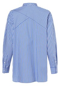 Blau-weißer gestreifter Langarmshirt mit einem Rückeneinsatzdesign und geometrischem Muster sowie Knopfmanschetten. Hergestellt aus gewebtem Stoff.