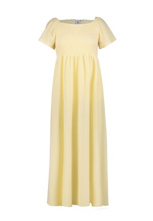 Abito lungo giallo chiaro con maniche corte a sbuffo, scollo quadrato arricciato e gonna fluente.