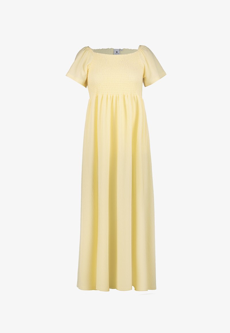 Hellgelbes Maxikleid mit kurzen Puffärmeln, gerafftem quadratischem Ausschnitt und fließendem Rock.