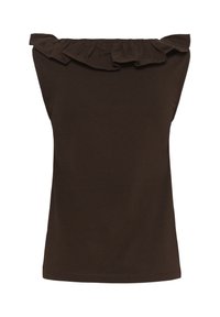 Haut sans manches marron foncé avec un col bardot à volants et un ourlet droit.