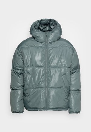 Veste d'hiver matelassée grise avec col montant, fermeture éclair à l'avant et poches latérales, présentée sur un fond clair uni.