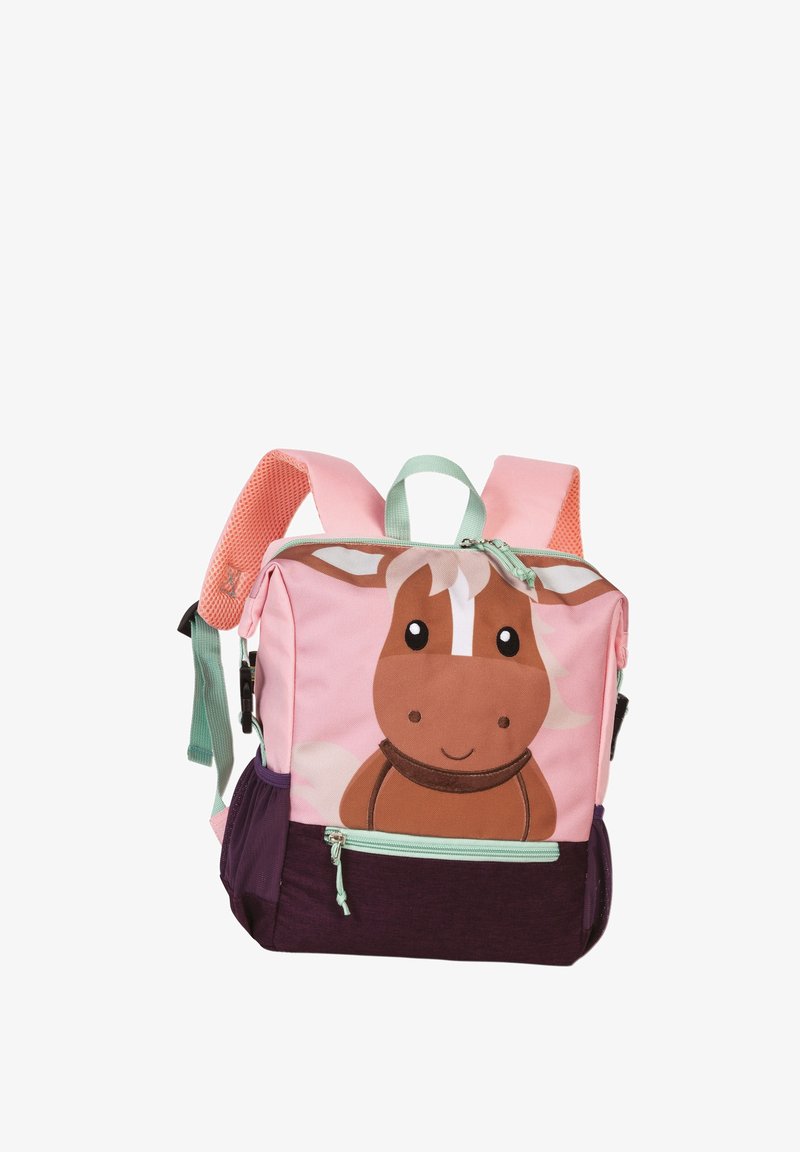 Rugzak met een roze paardontwerp en bruine accenten, mintgroene schouderbanden, een paarse bodem en een voorvak met rits. Inclusief gestructureerde schouderbanden.