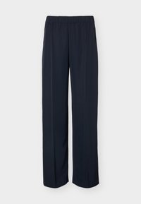 Σκούρο μπλε παντελόνι με ίσιο κόψιμο, ελαστική μέση και διακριτική λεπτομέρεια με πιέτα μπροστά, παρουσιάζεται σε απλό φόντο.