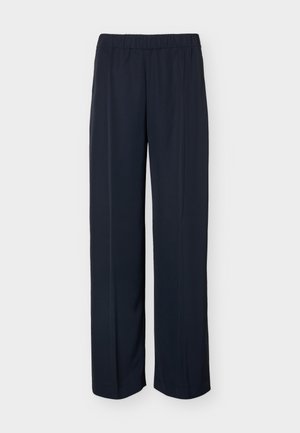 Tmavomodré rovné nohavice s elastickým pásom a jemným záhybom vpredu, zobrazené na jednoduchom pozadí.