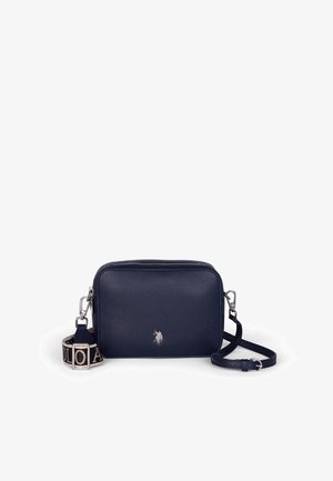 Borsa a tracolla in pelle blu navy con superficie testurizzata, forma rettangolare, logo in argento e tracolla regolabile con motivo intrecciato.