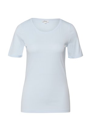 Lichtblauw T-shirt voor dames met korte mouwen, ronde hals, effen ontwerp en klein s.Oliver merkje aan de binnenkant van de kraag.