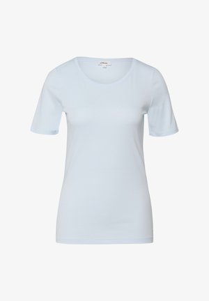 Jasnoniebieska damska koszulka z krótkim rękawem, z okrągłym dekoltem, o gładkim wzorze, z małą metką marki s.Oliver wewnątrz kołnierza.