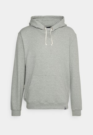 Sweat à capuche gris clair avec poche avant et cordons blancs, manches longues, poignets et bas côtelés.