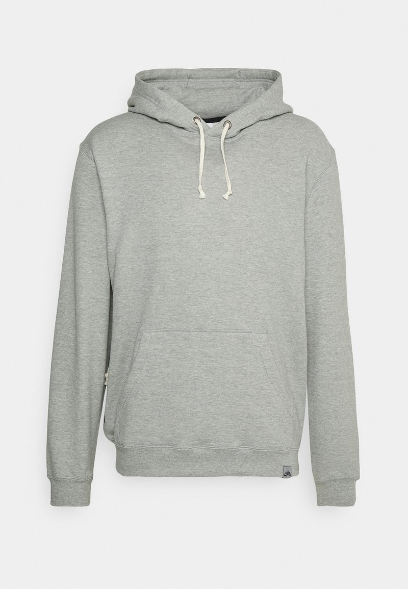Sweat à capuche gris clair avec poche avant et cordons blancs, manches longues, poignets et bas côtelés.