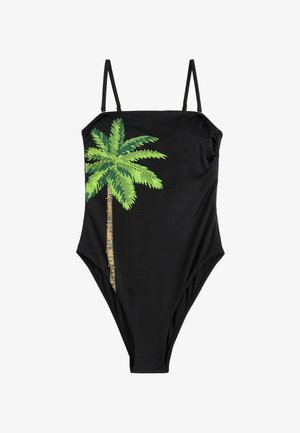 Maillot de bain une pièce noir avec un graphique de palmier vert, des bretelles réglables et une texture lisse. Le design comprend un détail de tronc marron.
