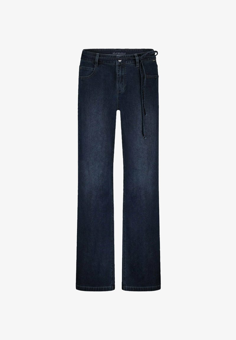 Donkerblauwe denim jeans met een rechte pijpdesign, voorzien van een trekkoord in de taille en klassieke vijf-pocket styling.