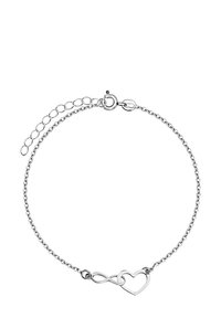 Srebrna bransoletka łańcuszkowa z symbolem nieskończoności i sercem, o delikatnym wzorze ogniw oraz regulowanym zapięciu dla dostosowania rozmiaru.