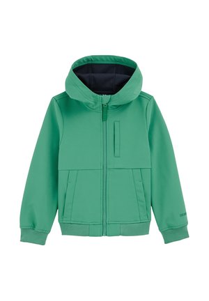Zielona kurtka z kapturem, wykonana z gładkiego materiału. Posiada przedni zamek błyskawiczny, dwie boczne kieszenie oraz kontrastujące granatowe wnętrze.