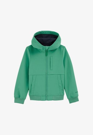 Veste à capuche verte, en tissu lisse. Elle comprend une fermeture éclair à l'avant, deux poches latérales et un intérieur contrastant bleu marine.